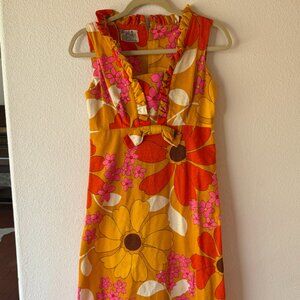 Vintage 60s 70s Hawaiian Mustard Pink Floral Daisy Maxi Dress Small